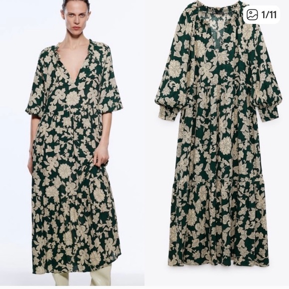 Zara Dresses & Skirts - Zara Dark Green Flowy Maxi Floral Paisley Dress Cottage Core Size Prairie Large